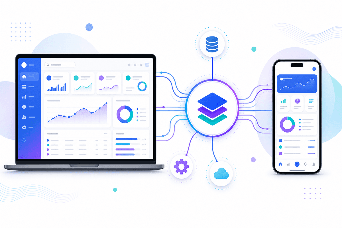 Custom web and mobile apps connected through a central platform with API integrations