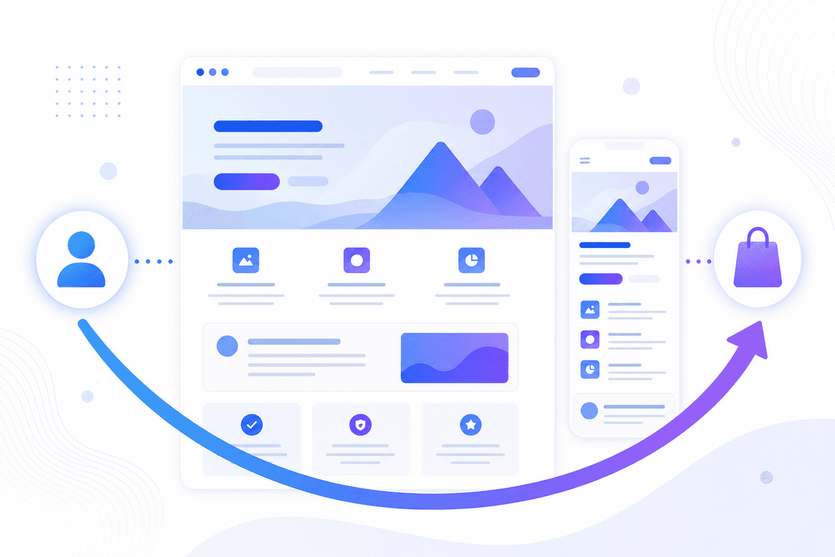Responsive website on desktop and mobile with visitor-to-customer conversion flow